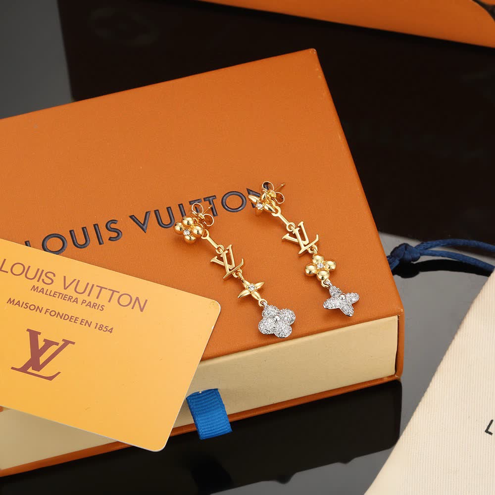 Louis Vuitton Gold Tone Earrings with Monogram and Crystal Flower